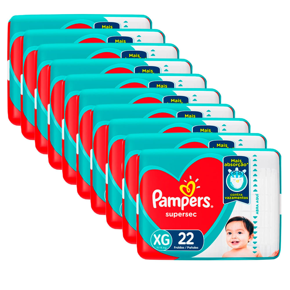 Kit 10 Fraldas Pampers Supersec Pacotão XG - 220 Tiras - Mom & Baby