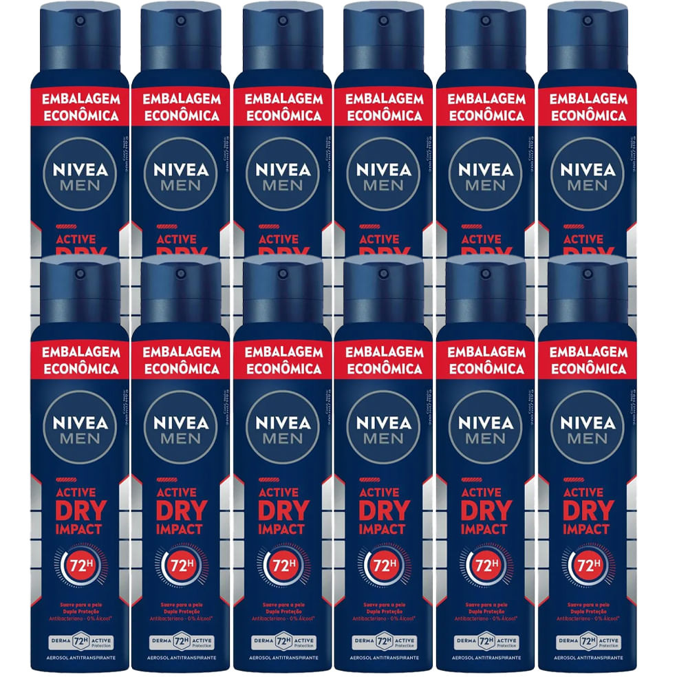 Kit Desodorante Aerosol Nivea Dry Impact For Men 200ml - 12 Unidades - Beauty