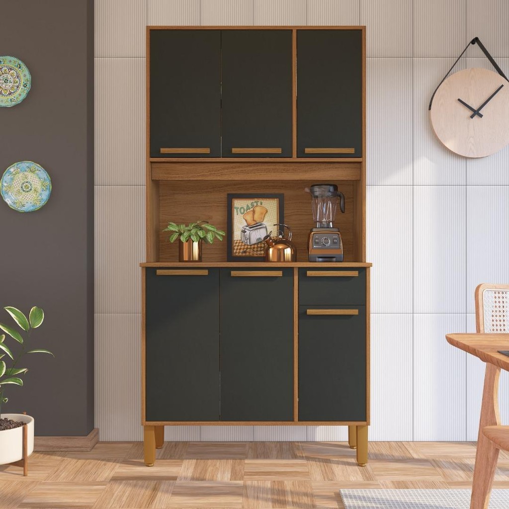 Armário De Cozinha Compacta Fidelitá Bari 90cm 6 Portas 1 Gaveta Com Tampo e Fundo Freijó/Chumbo em Oferta na Shopee