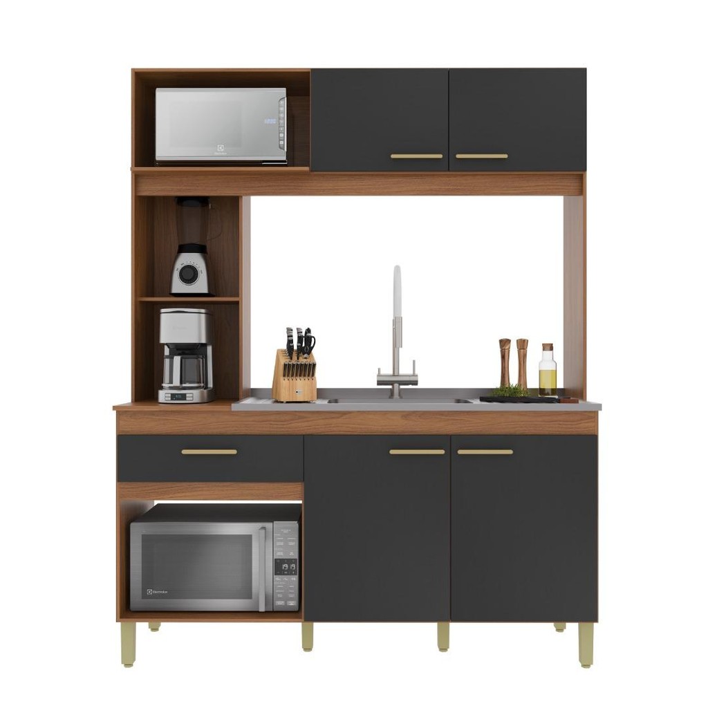 Detalhes do Armário De Cozinha Compacta Fidelitá Xangai 160cm 4 Portas 1 Gaveta Sem Tampo e Fundo Freijó/Chumbo