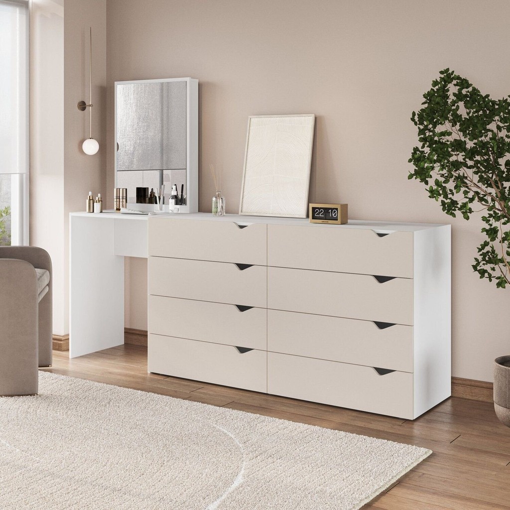 Cômoda Penteadeira 8 Gavetas com Espelho Porto Creme/Branco em Oferta na Shopee