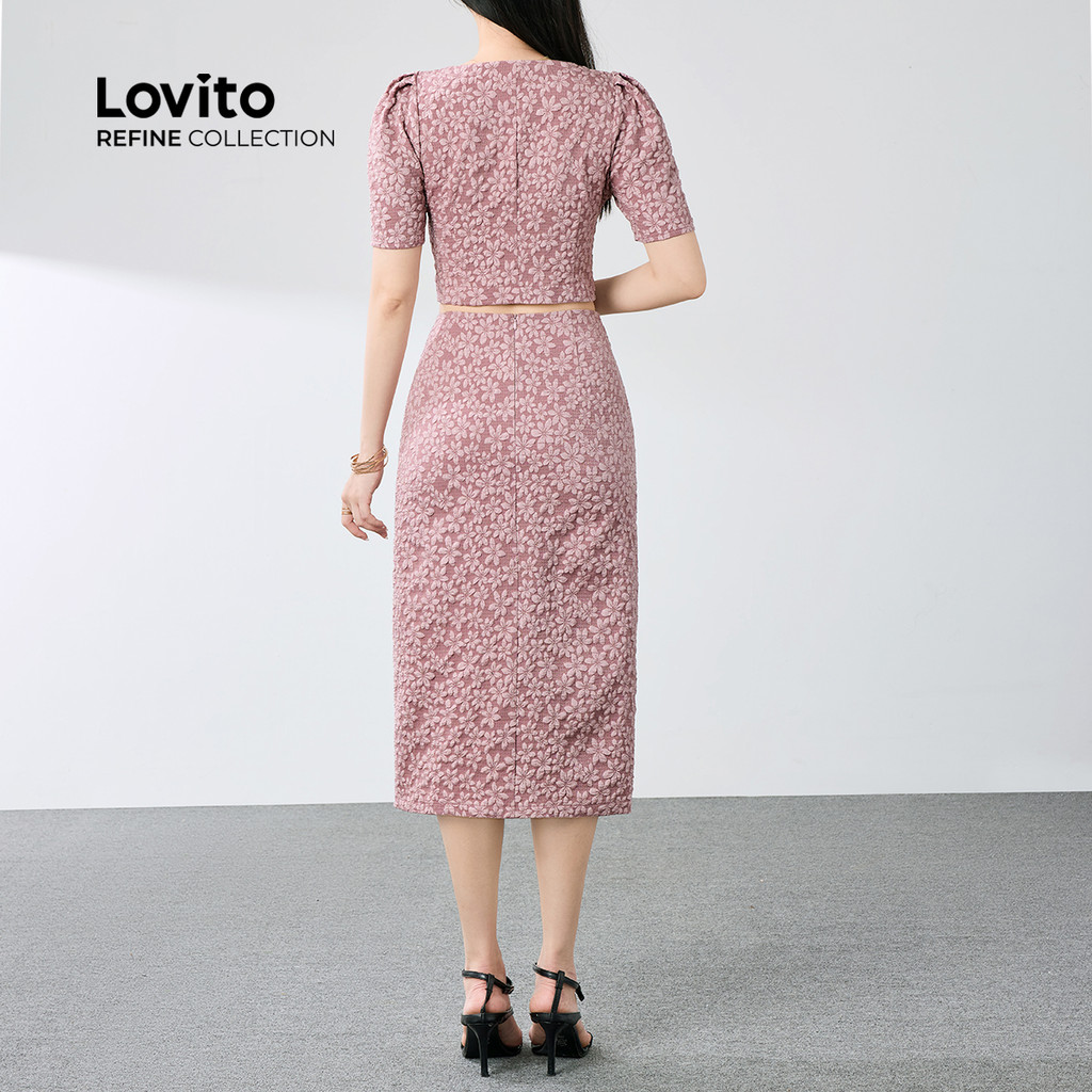 Detalhes do Lovito Refine Conjunto Saia e Blusa Rosa Jacquard com Botões Primavera Verão LR12E056