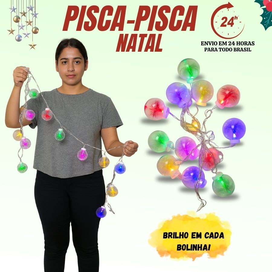 Fio Transparente Alta Qualidade Varal Cordão Pisca Pisca com 15 Bolas LED 5 Metros BIVOLT