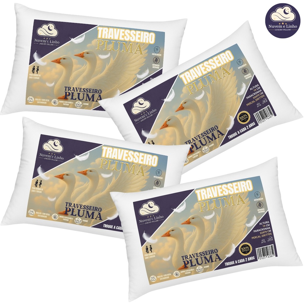 Kit 4 Travesseiros Pluma de Ganso 70x50cm – Super Macios, Confortáveis e Antiácaro