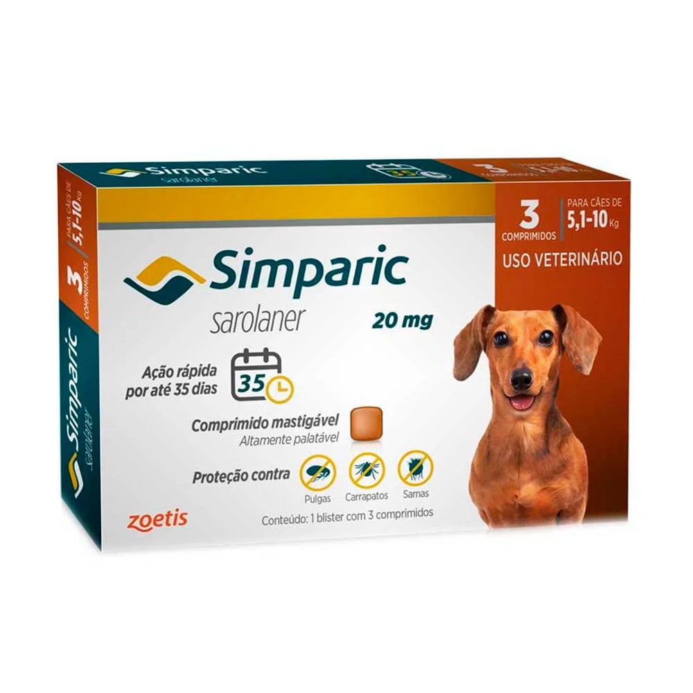 Antipulgas e Carrapatos Simparic Cães de 5,1 a 10kg com 3 Comprimidos