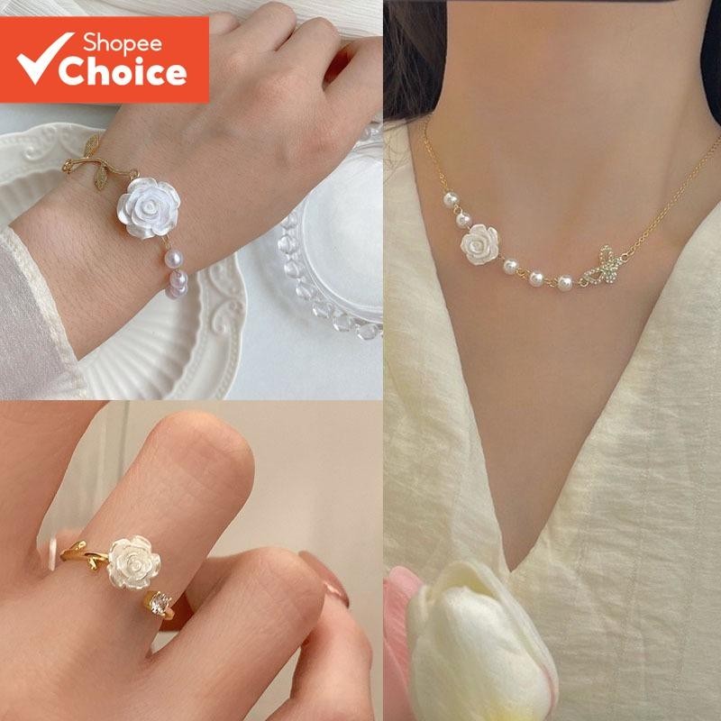 3pcs Rose Retro Pérola Barroca Retro Moda Pérola Coreana Colar Anel Pulseira Doce Fato Feminino Jóias