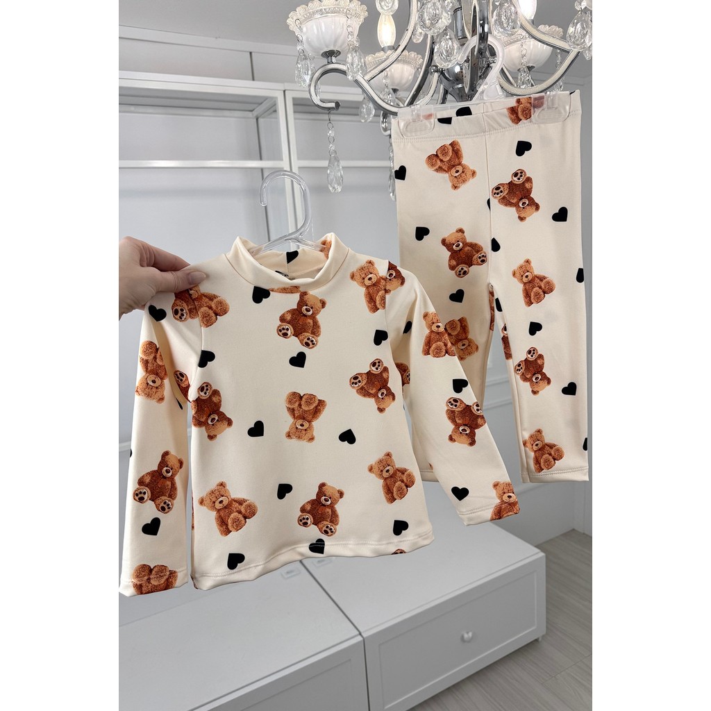 Conjunto Térmico Blusa Legging Inverno Menina Infantil Manga Longa Quente Confortável Ursos Corações
