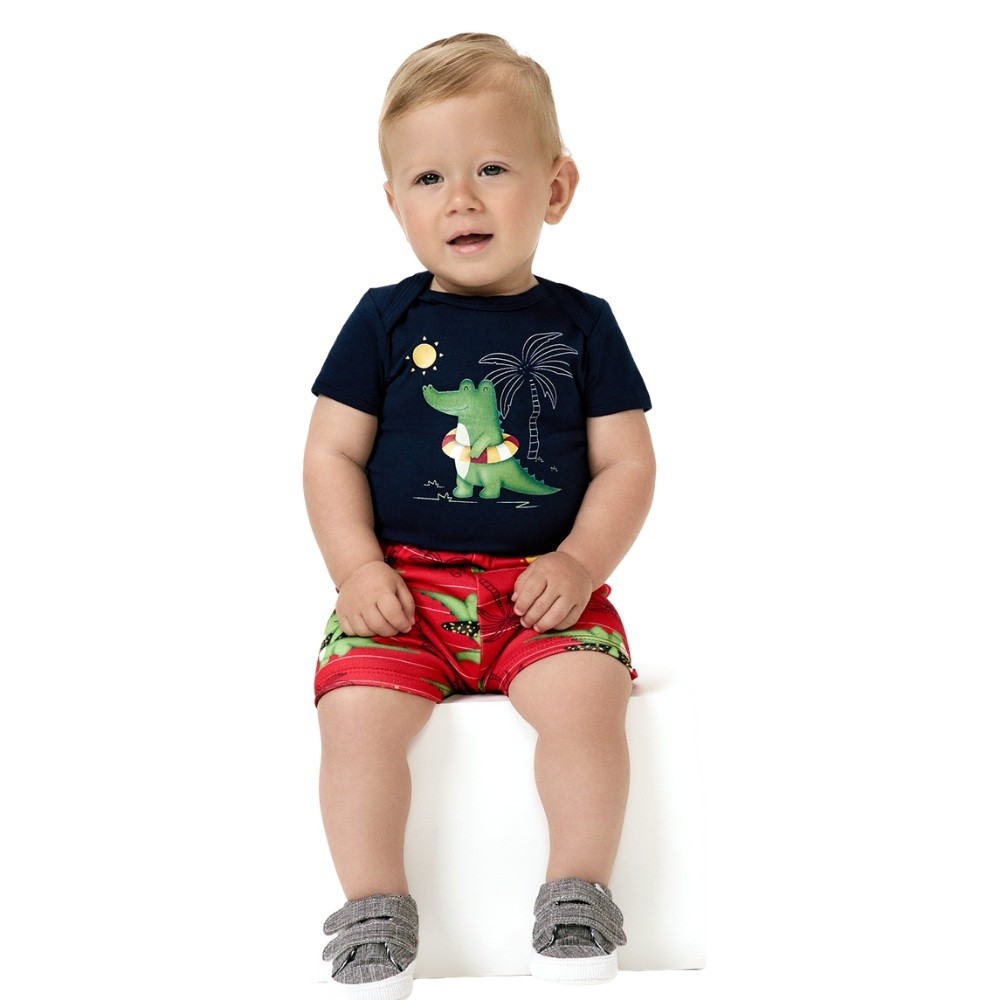 Conjunto Menino Kyly Body Em Cotton Azul Marinho Estampa de Jacaré E Bermuda Em Moletinho Sem Felpa Estampado de Jacaré