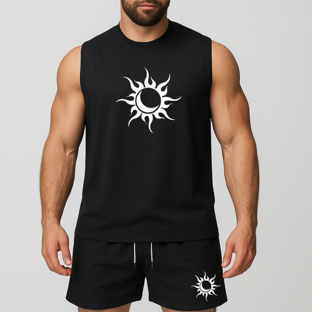 conjunto regata oversized e short de tactel de academia másculino estampada sol e lua