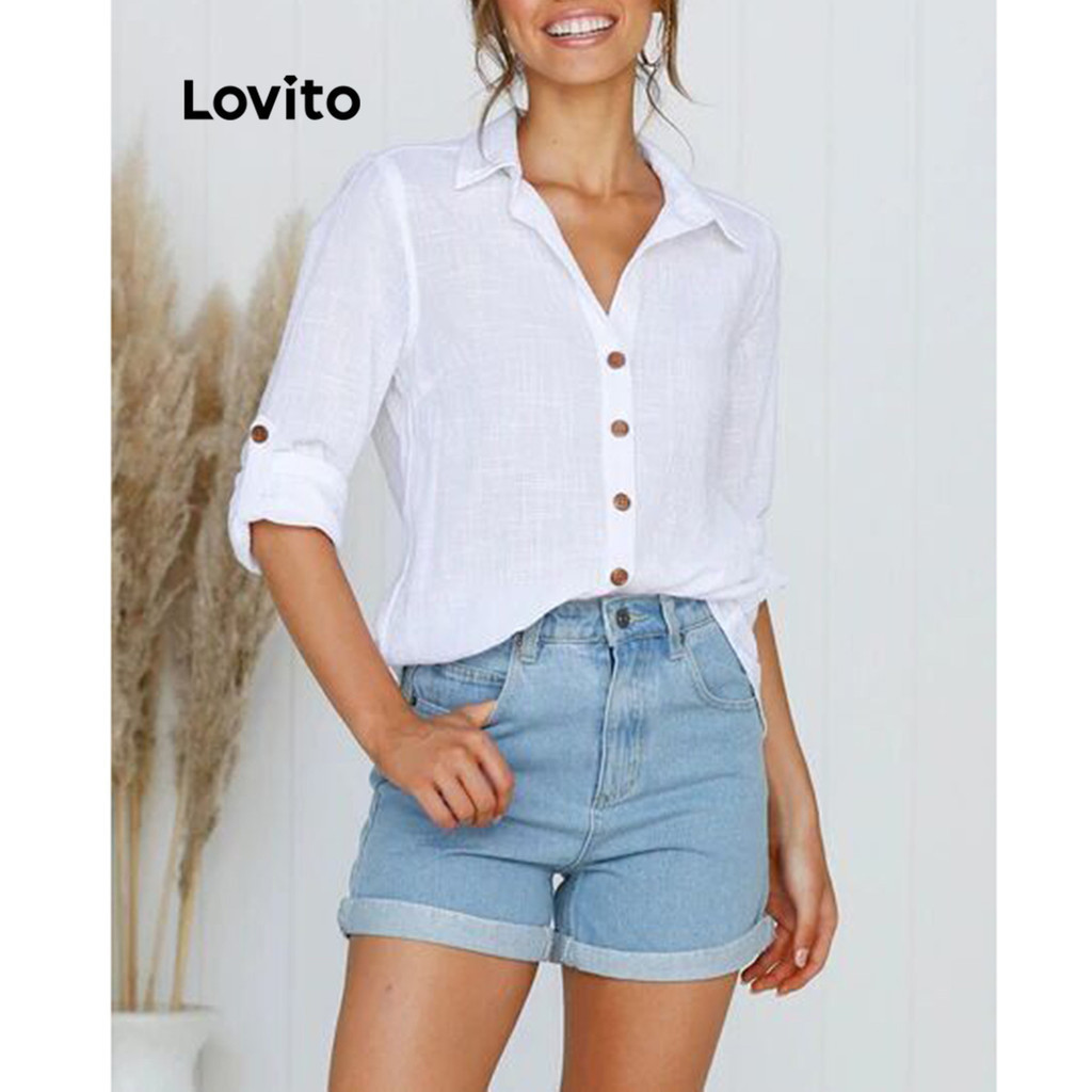 (Trendy) Lovito Casual Blusa Feminina Lisa com Botão Frontal LNE31201 (Branco) - Women Clothes