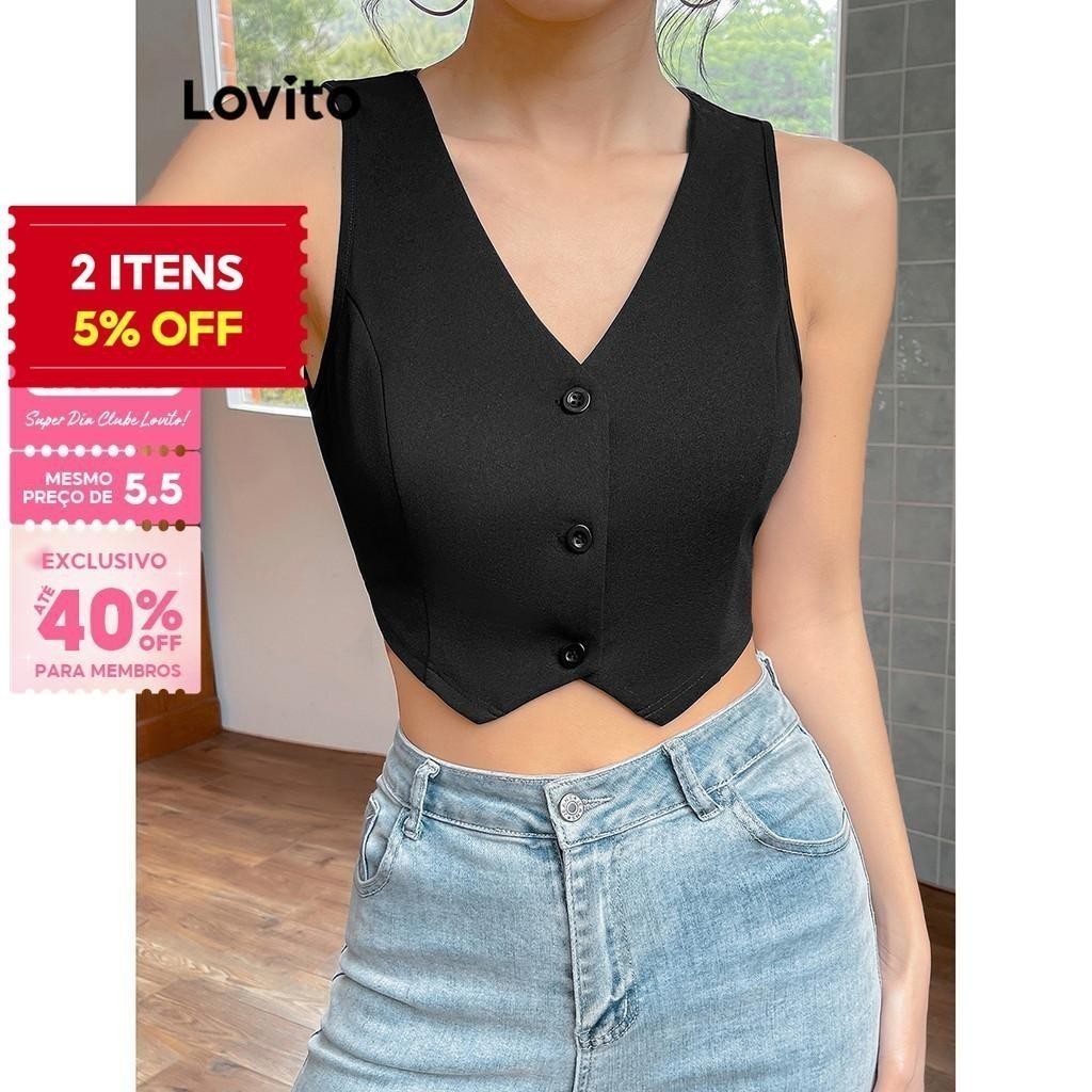 (Trendy) Lovito Colete Curto com Botão Frontal L71ED045 (Multicolorido) em Oferta na Shopee