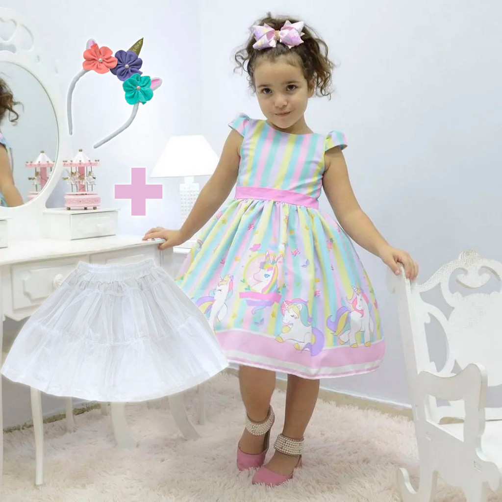 Kit Vestido festa unicórnio realeza + saia filó + Tiara