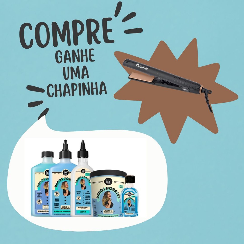 Kit 5un Danos Vorazes - Shampoo250ml + Booster250ml + Máscara450g + Leave-In200ml + Óleo50ml + BRINDE CHAPINHA SOLING em Oferta na Shopee