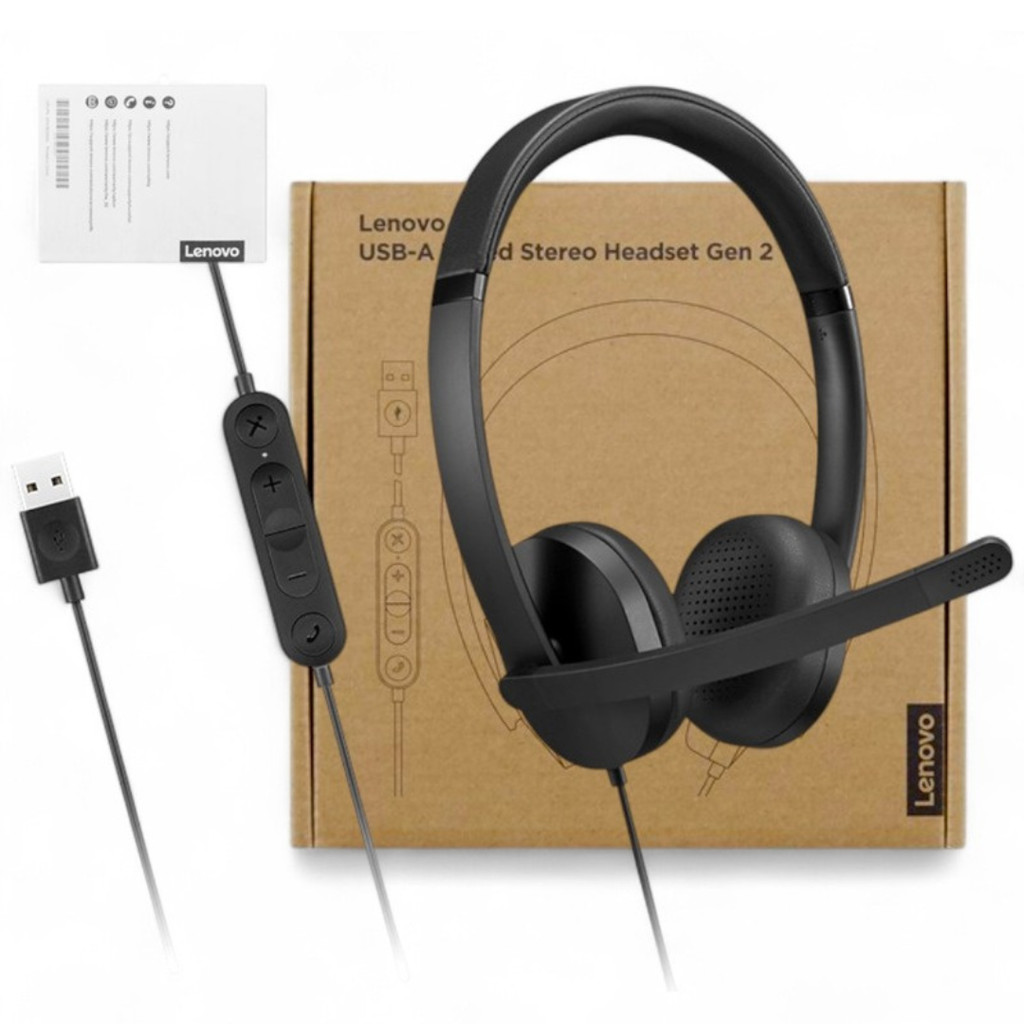 Fone de Ouvido Headset Lenovo Gen-2 USB-A Estéreo com Fio para PC, Notebook, Escritório EAD Reunião On-line Home Office