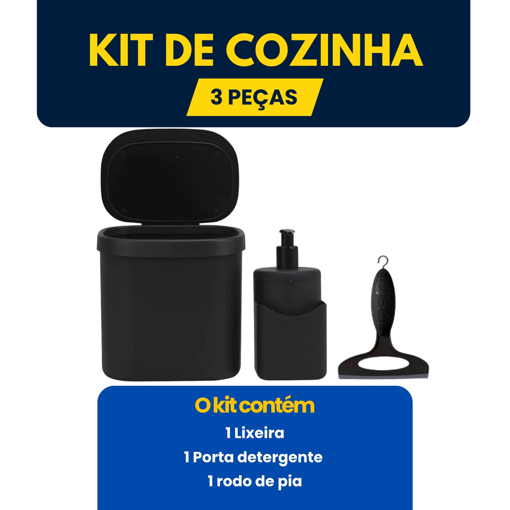 Conjunto de Cozinha e  Pia 4 em 1 Multiuso Porta Detergente , Bucha e Rodinho e  Lixeira 3,5 Litros