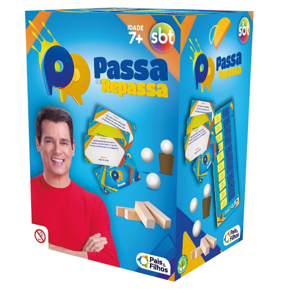 JOGO DE TABULEIRO PASSA OU REPASSA PAIS E FILHOS SBT RODRIGO FARO EQUIPE AZUL AMARELA PERGUNTA CARTA em Oferta na Shopee