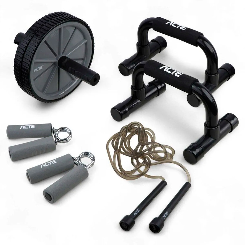 Kit De Treino Fitness Portátil Funcional Completo 4 em 1 Roda + Apoio + Corda + Hand Grip - Acte