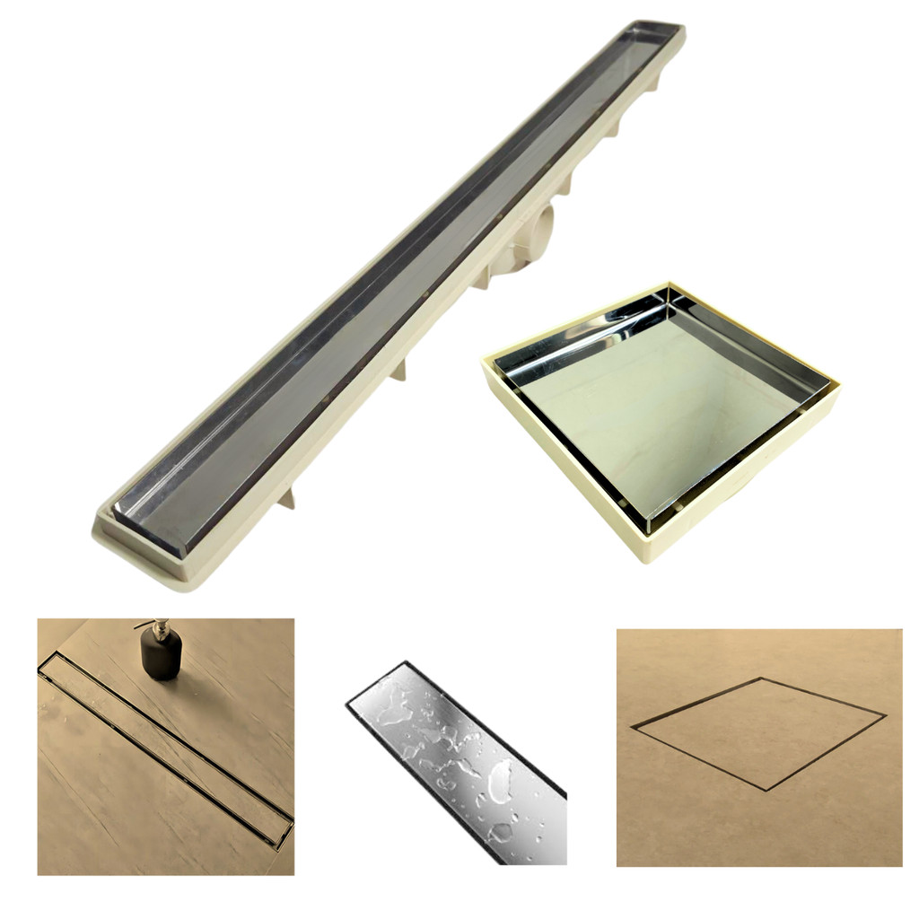 Kit Ralo Linear Banheiro 5x70 + Ralo 15x15 Inox Oculto Bege Box Lavabo Dentro e Fora