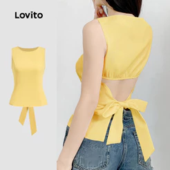 Lovito Casual Blusa com Amarração Nas Costas Primavera/verão Amarela para Mulheres L142ED274