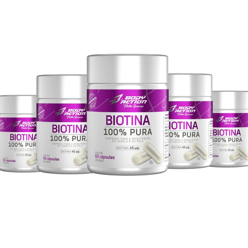 Kit 5x Biotina 100% Pura Pote 300 Cápsulas Bodyaction em Oferta na Shopee