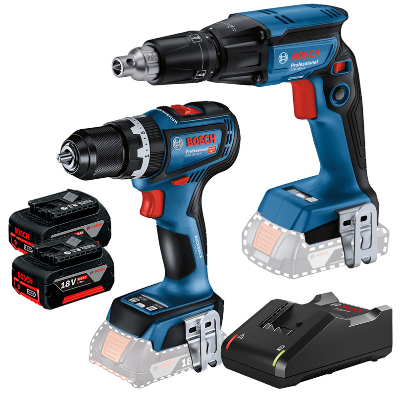 Kit Parafusadeira/Fur Imp 1/2" GSB 18V-90 C + Parafusadeira Drywall GTB 185-LI + 2 Bateria 4Ah + Carregador Rápido Bosch