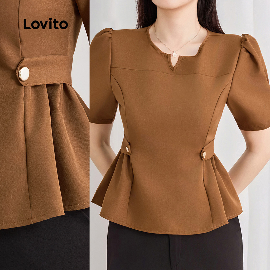 (New) Lovito Blusa Elegante com Botões e Pregas  Blusa de Assessoria Primavera/verão Marrom para Mulheres L143ED286 em Oferta na Shopee