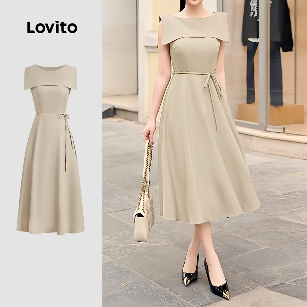 Lovito Vestido Elegante Retrô com Cinto para Deslocamento Primavera/verão Vestido Caqui para mulheres L142ED215 em Oferta na Shopee