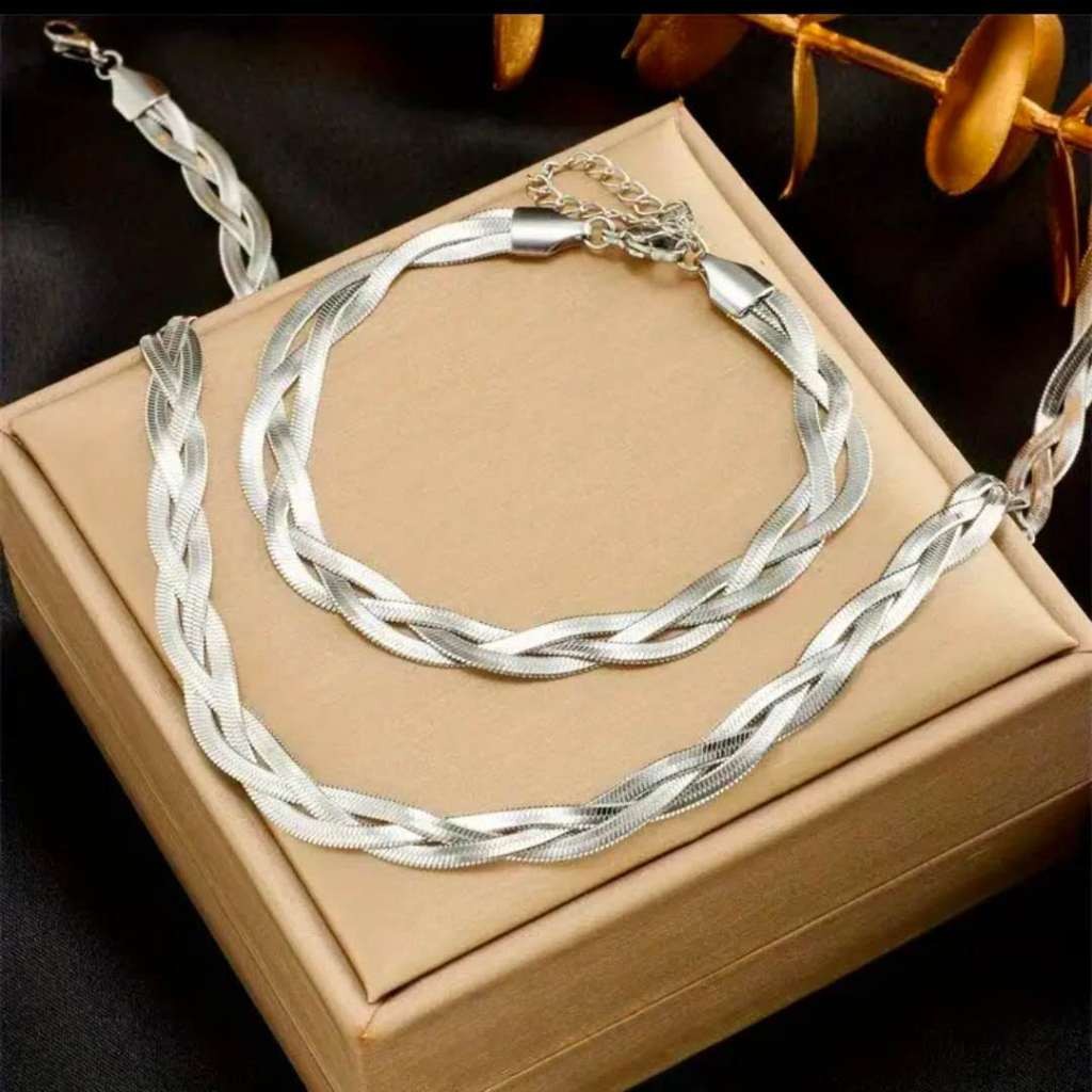 Colar e Pulseira  Feminino 3 Fios de Aço Inox 316L Cor Prata Ajustável em Oferta na Shopee