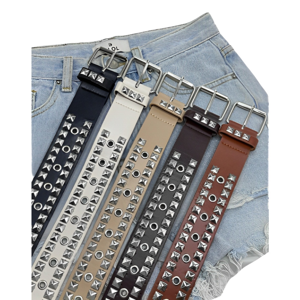 Cinto Feminino Fivela Quadrada Prata Couro Pu Cravejado Com Tachas E Ilhós MZS-412