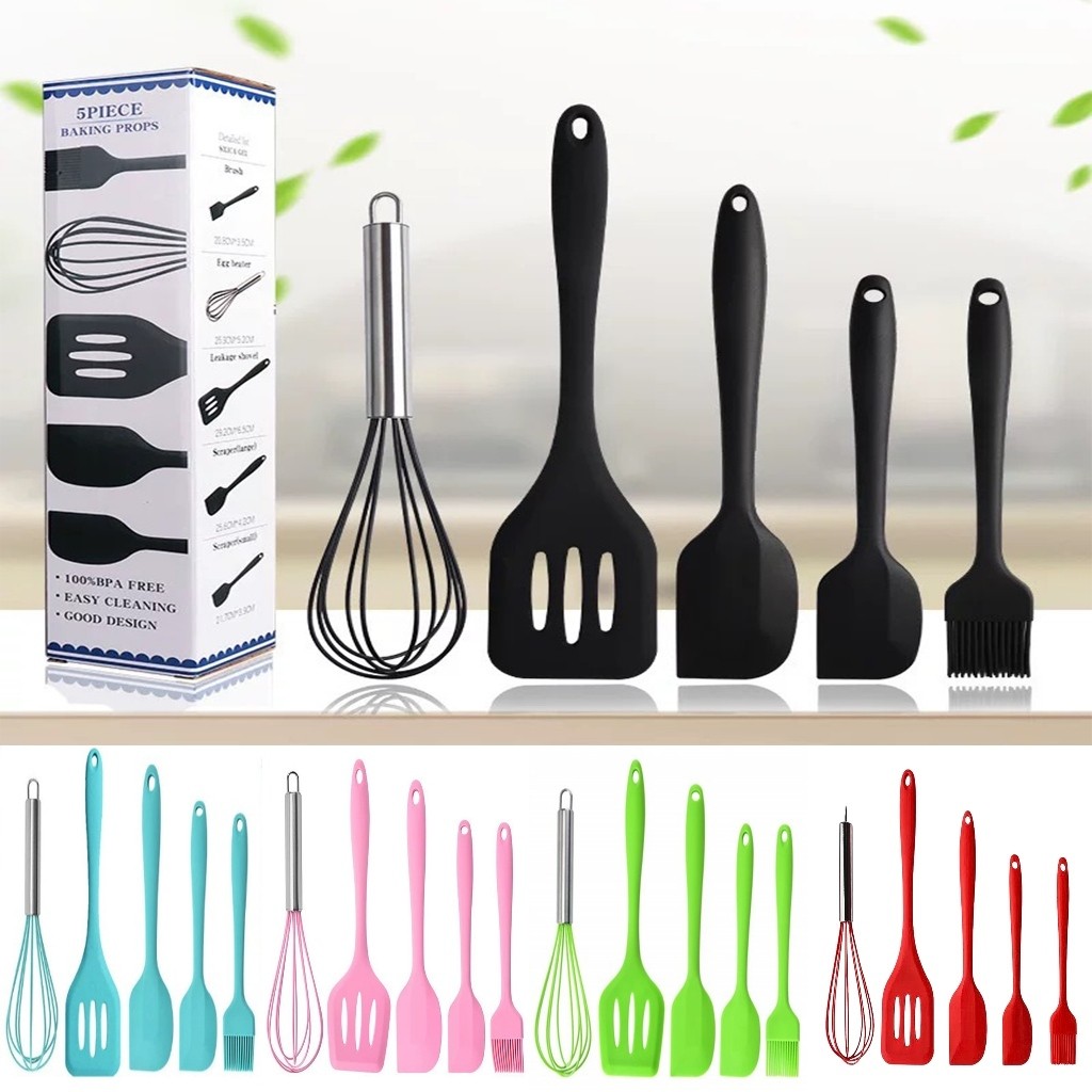 Kit 5 Peças Utensílios de Cozinha Silicone Colher Espátula Fue Espátula Pequena Pincel Terno