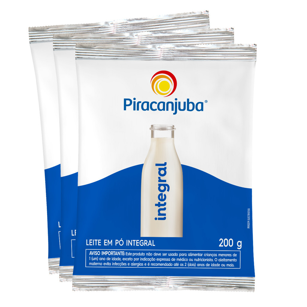 Pack 3 unidades Leite em Pó Integral Piracanjuba 200g - Kit com 3x200g em Oferta na Shopee
