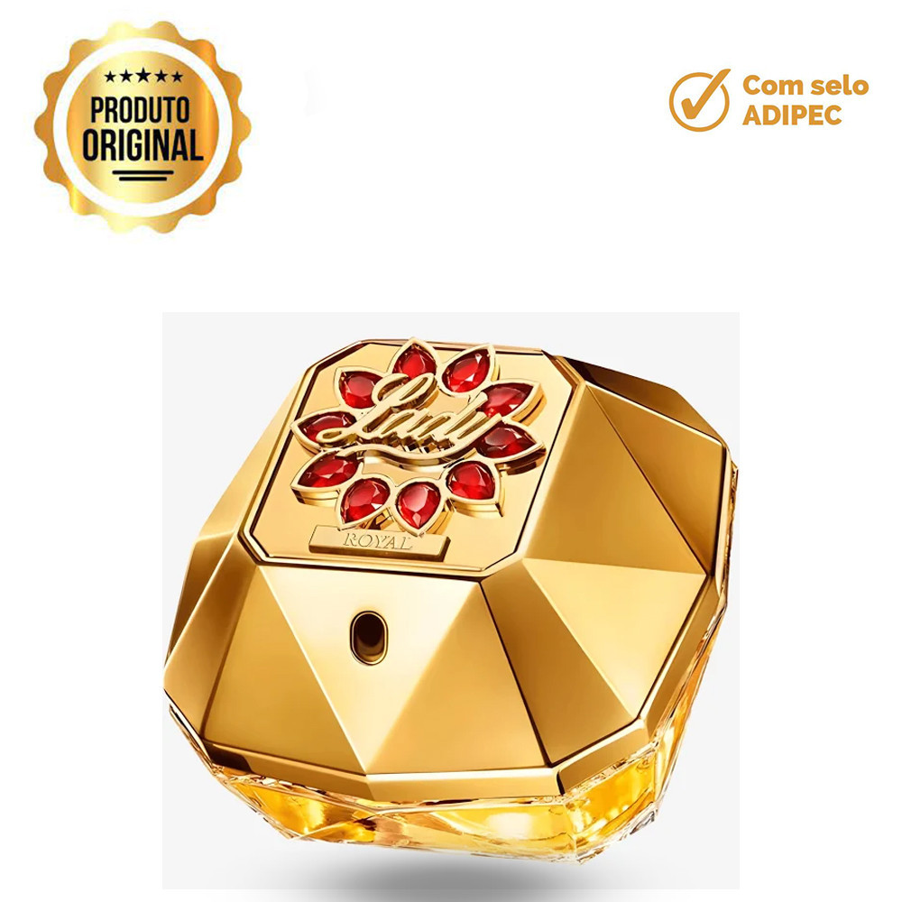 Frasco do perfume Lady Million Royal de Paco Rabanne em formato de diamante dourado com detalhe de flores vermelhas no topo