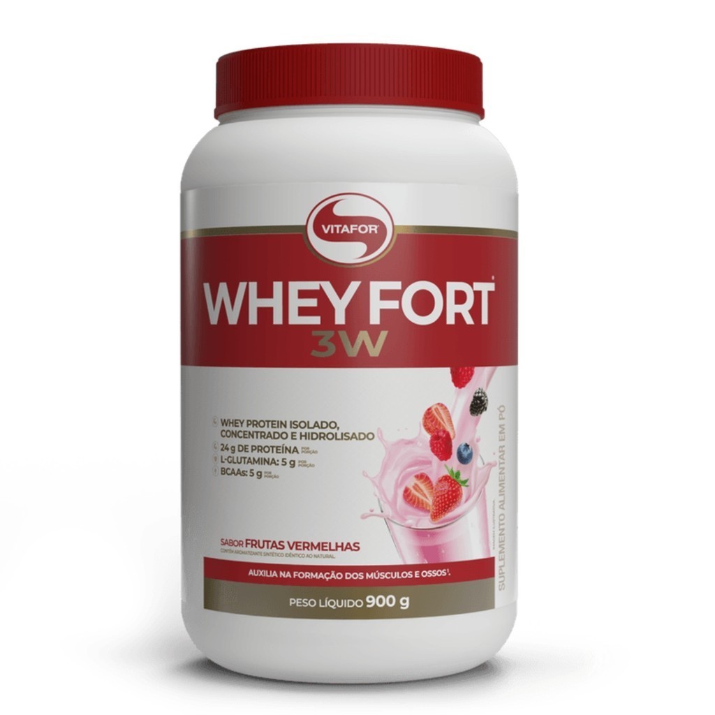 Whey Protein Isolado Whey Fort Vitafor Sabor Frutas Vermelhas Concentrado Hidrolisado 900g L- Glutamina BCAA Suplemento