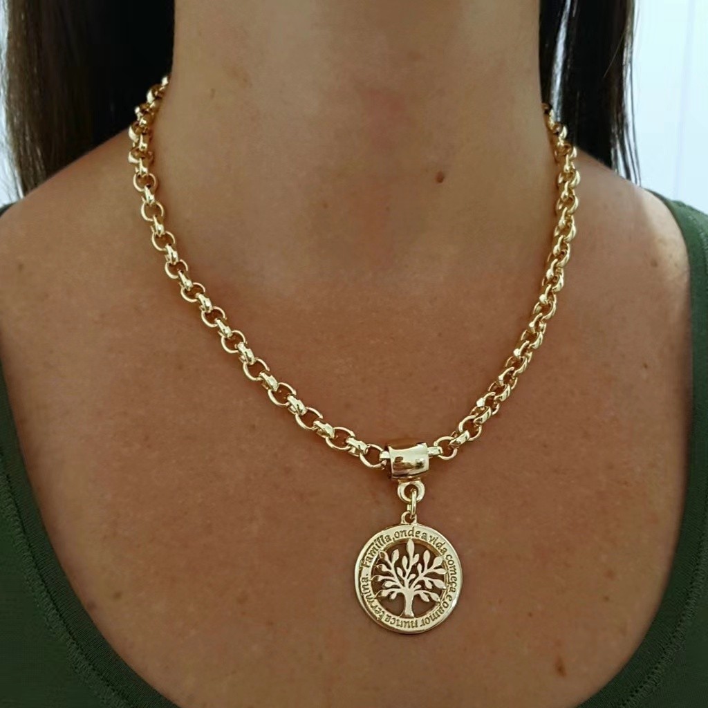 Colar cordão elo português Feminino pingente arvore da vida Folheados a ouro 18k em Oferta na Shopee