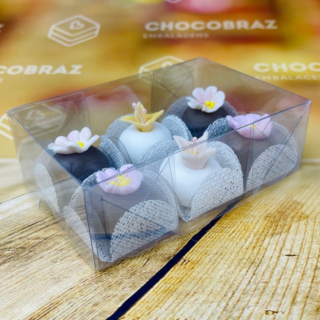 10~50 CAIXA P/ 06 DOCES ACETATO INCOLOR 12X8X4 5029 (IDEIA) ESSENCIAL (CHOCO)