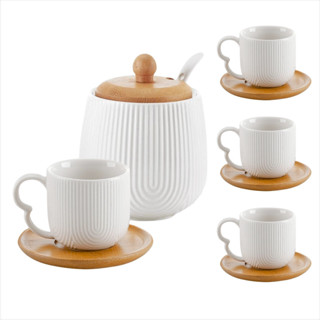 Kit Xícaras de Café 90ml Com Açucareiro 360ml Oásis Em Cerâmica e Bambu 5 Peças