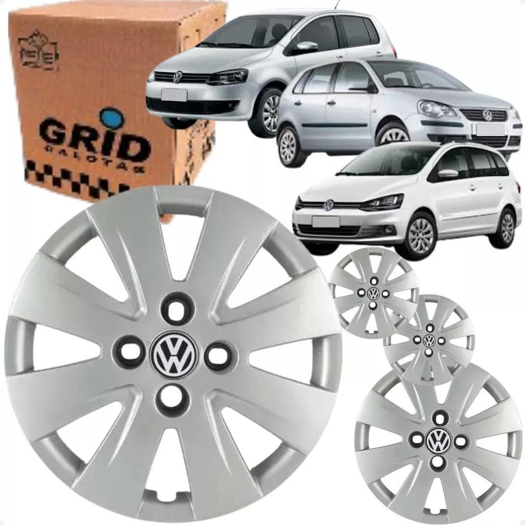 Jogo 4 Calota Gol Fox 2004 até 2015 Aro 14 Polegadas Parafuso Cubo Alto Emblema VW