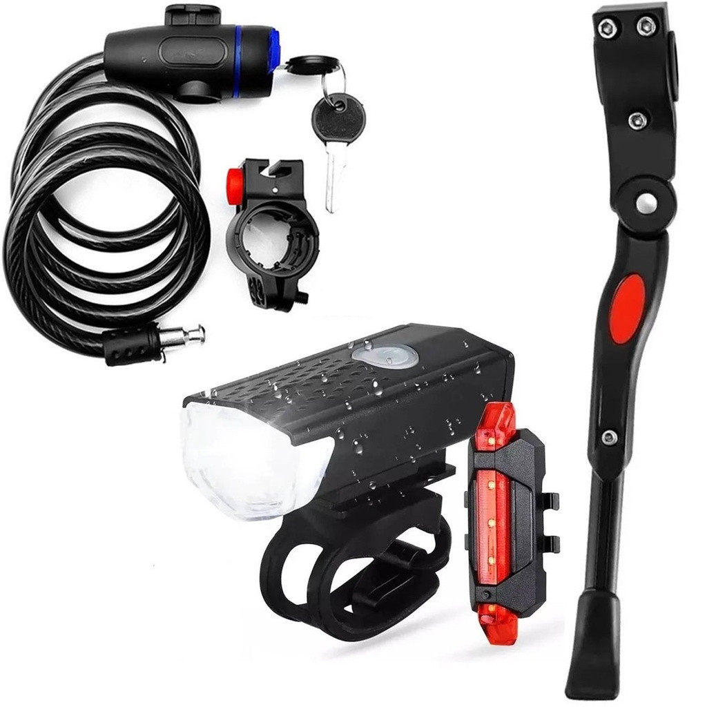 Kit Acessórios Bike Trava Cabo De Aço Cadeado  Bike Moto + Pezinho Lateral + Farol Bike Luz Led Usb Recarregável