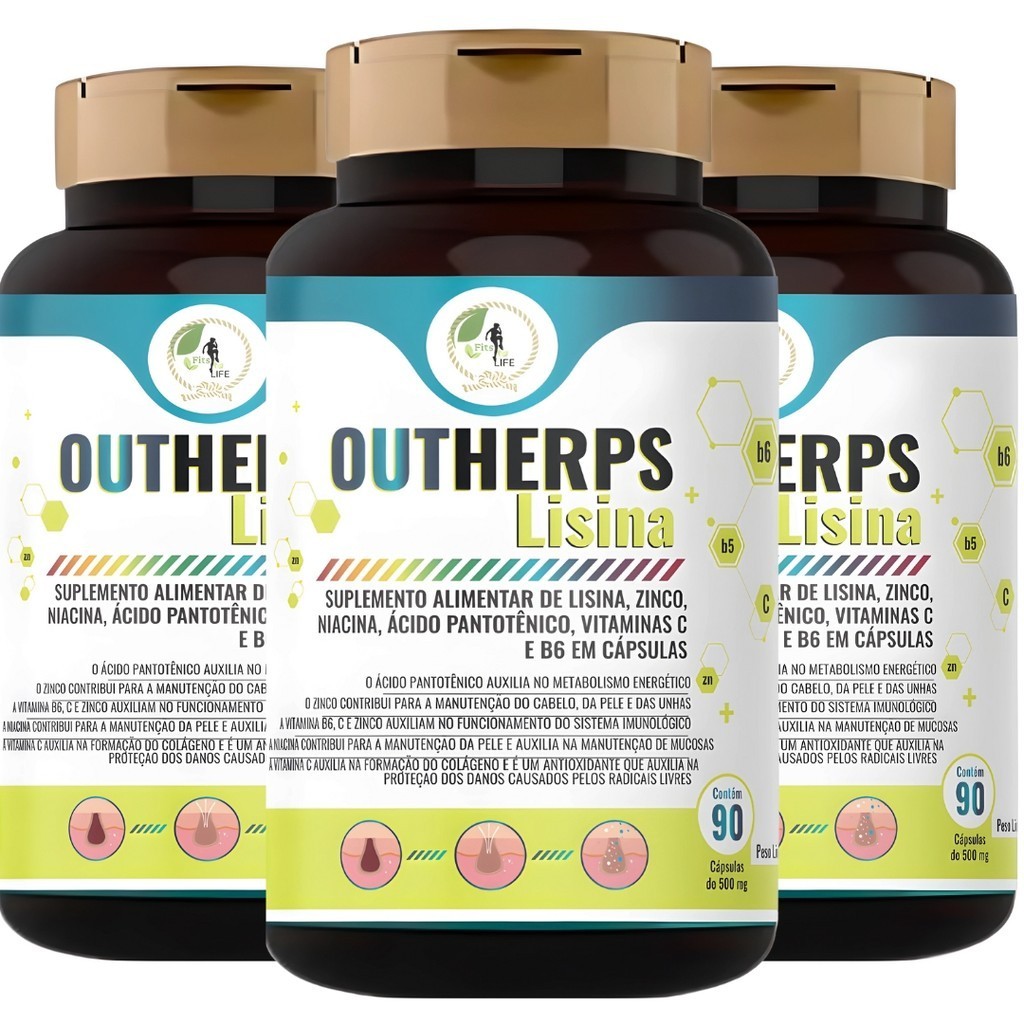 Kit C/3 Outherps Lisina Vit C B3 E Zinco 90 Cáps - Fits Life em Oferta na Shopee