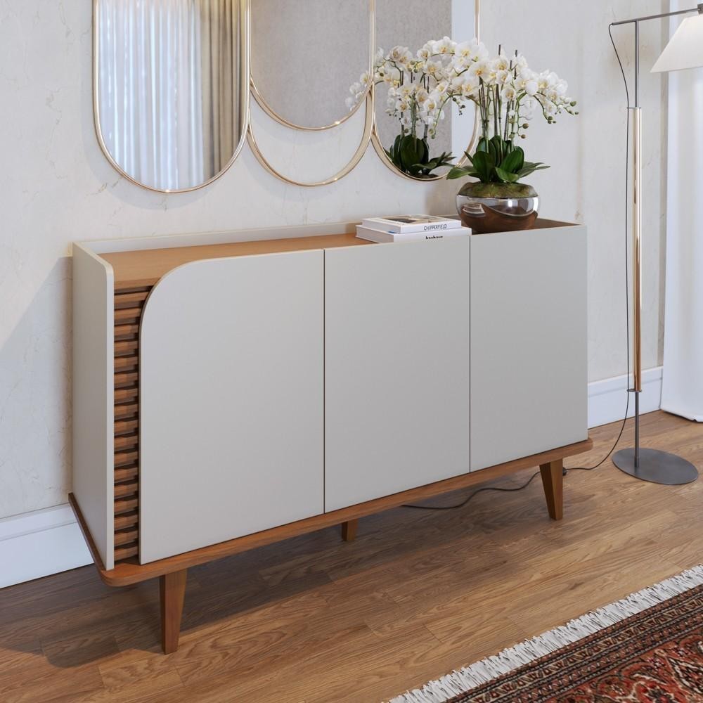Balcão Aparador Buffet 3 Portas 136cm Madrid C05 Off White Matte/Freijó - Mpozenato em Oferta na Shopee