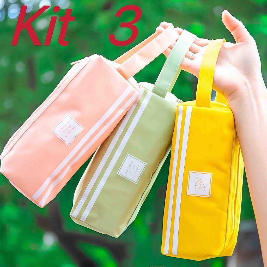 Kit 3 estojo portátil de lona de papelaria dupla camada