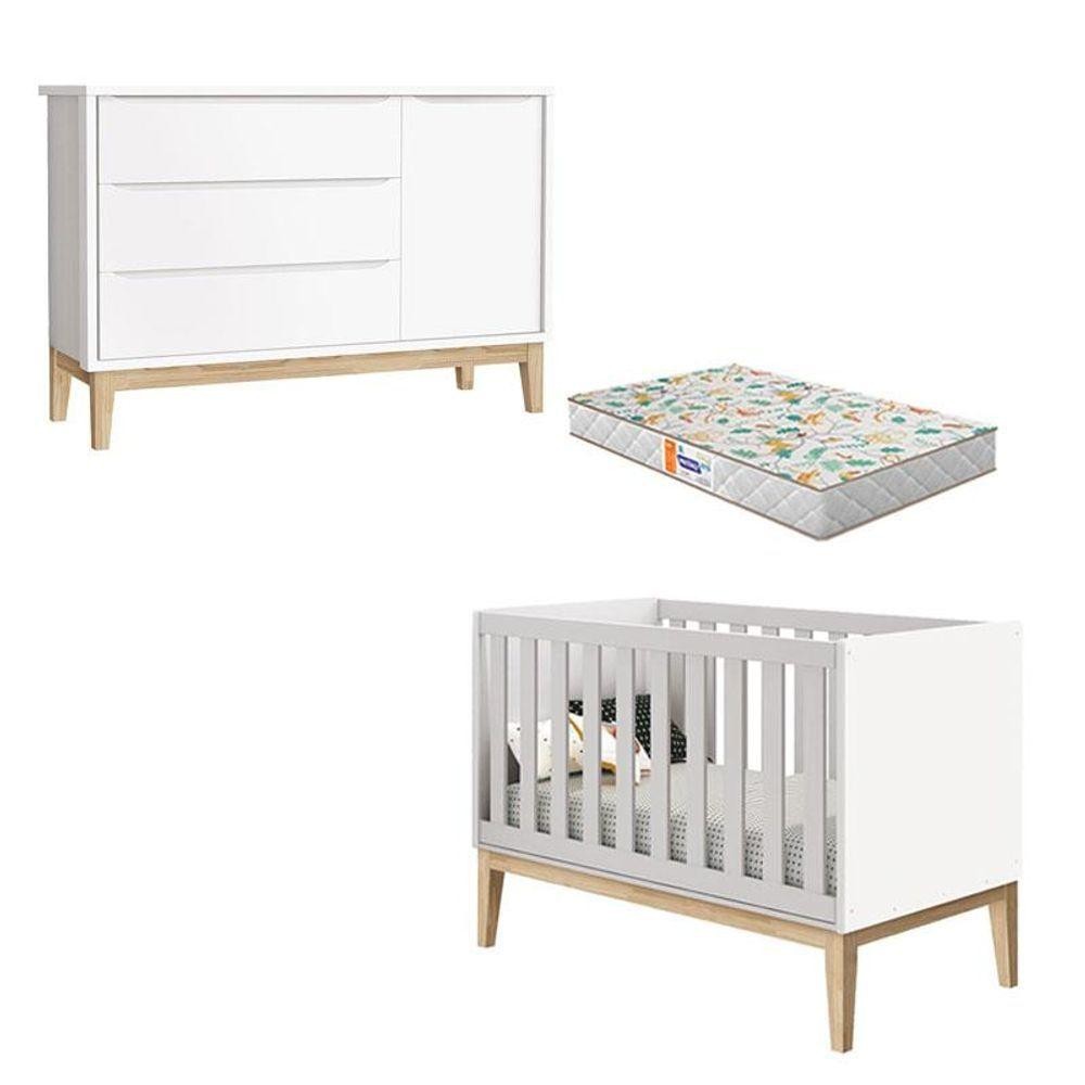 Berço Americano E Cômoda New Classic Branco Com Pés Madeira Natural E Colchão Gazin - Reller - Mom & Baby