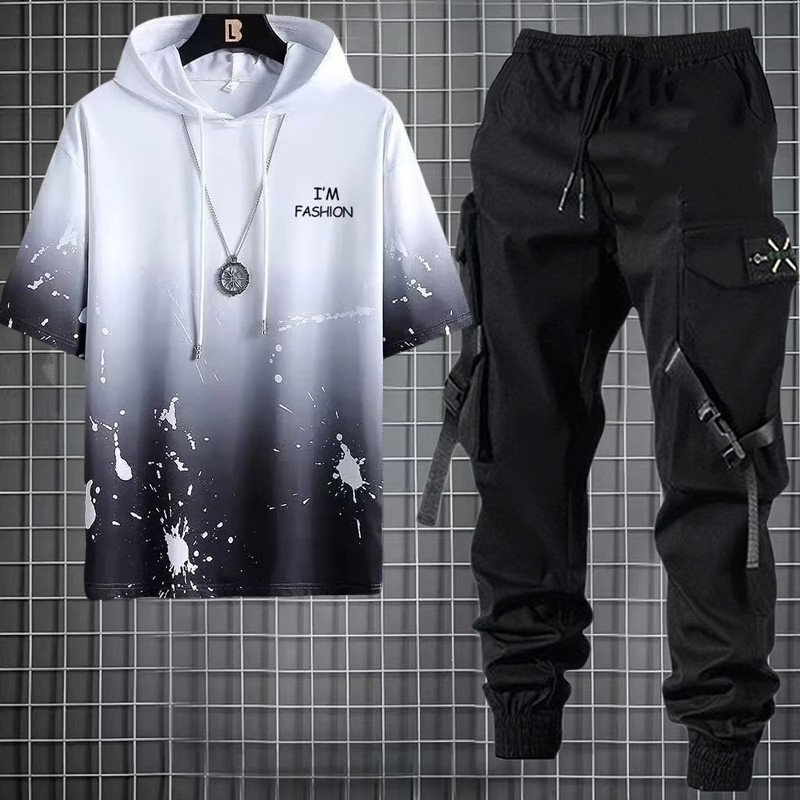 Conjunto De Camisetas De Moda Masculina Com Capuz Casual Manga Curta + Calça De Carga Estilo Hop Joggers em Oferta na Shopee