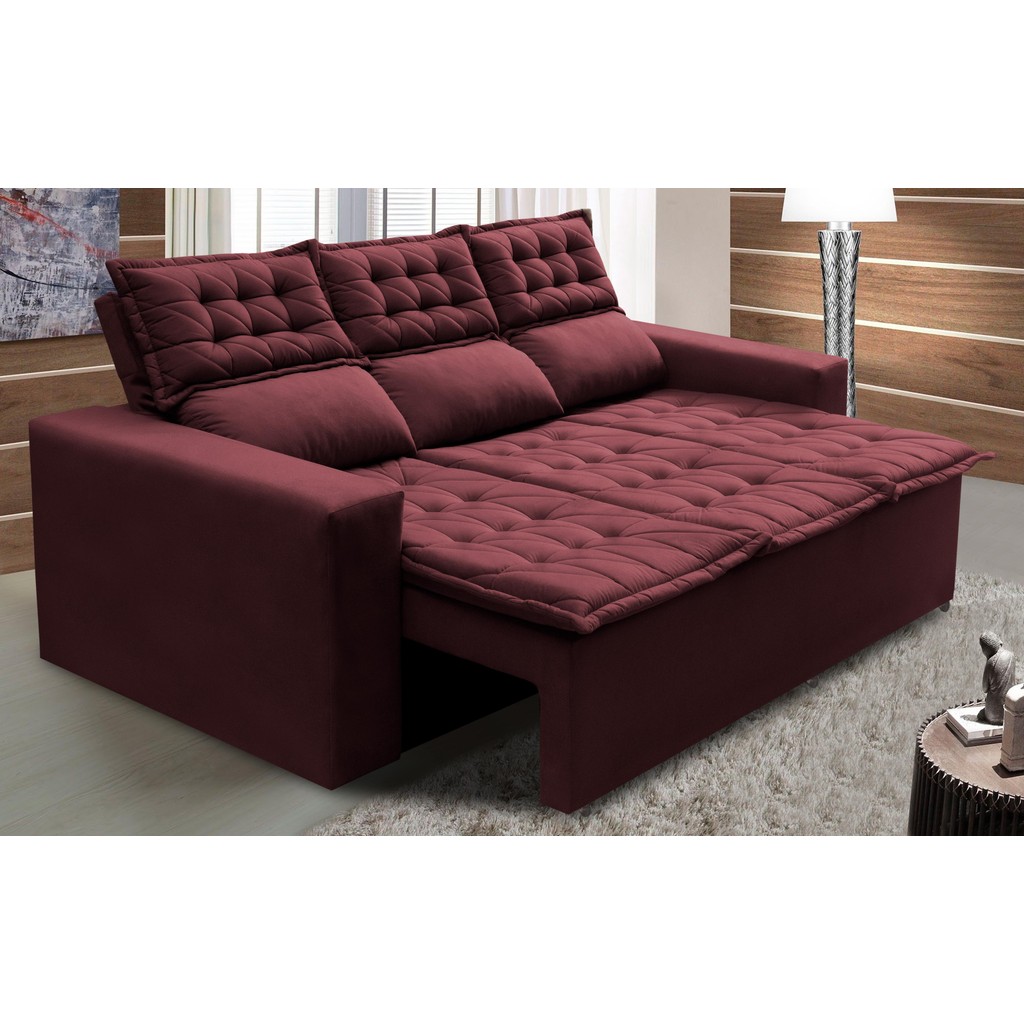 Sofá 3 Lugares Retrátil e Reclinável Cama inBox Slim 2,00m Velusoft Vinho