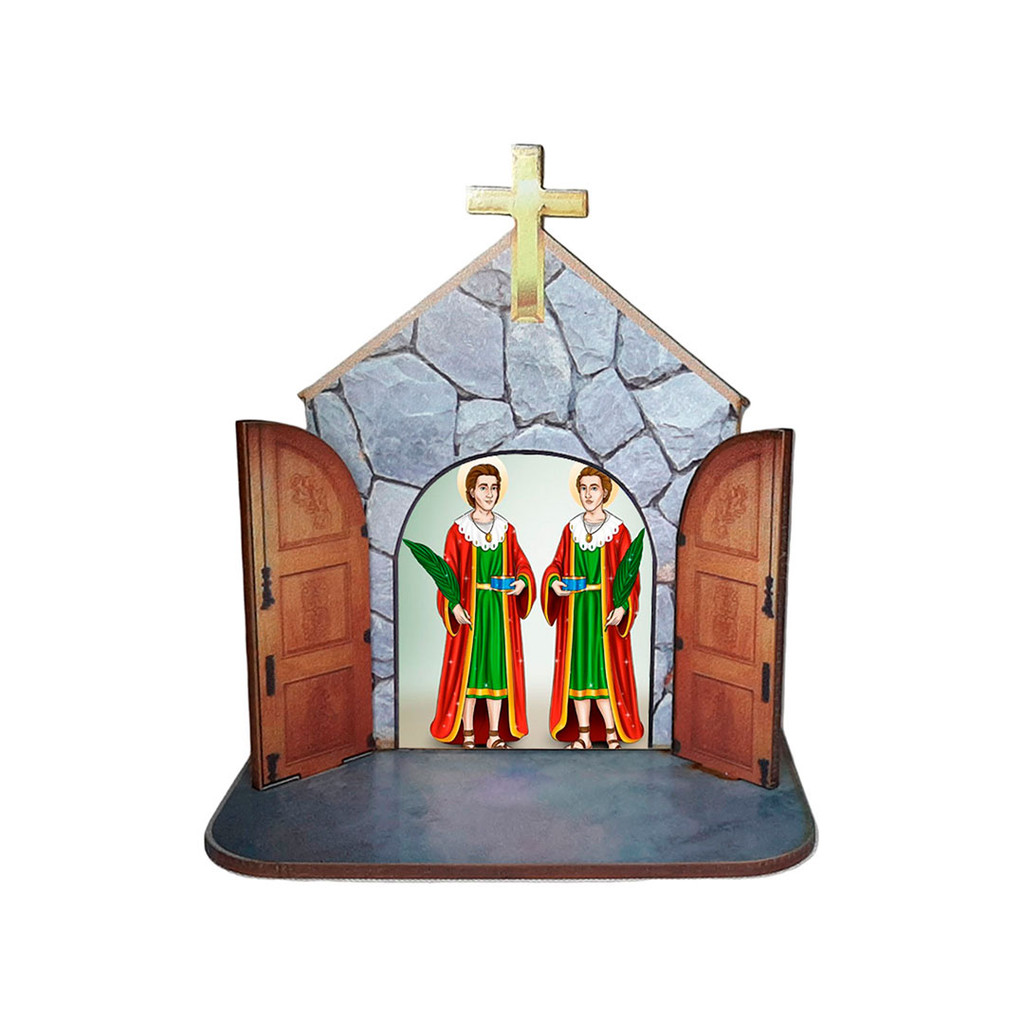 Mini Capela Oratório Kit 27 Display Enfeite de Mesa São Cosme e Damião 12cm Mdf Madeira