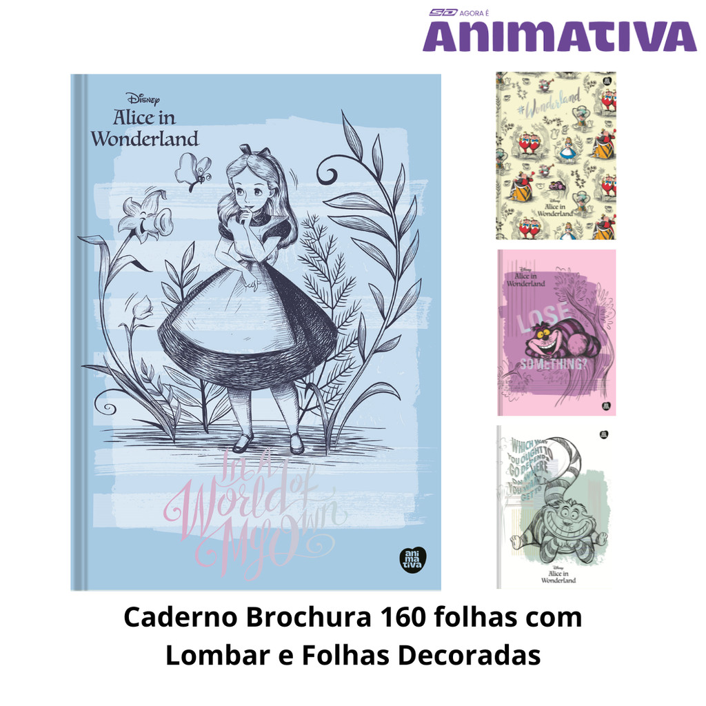 Caderno Colegial Costurado Alice no País das Maravilhas 160 Folhas Animativa
