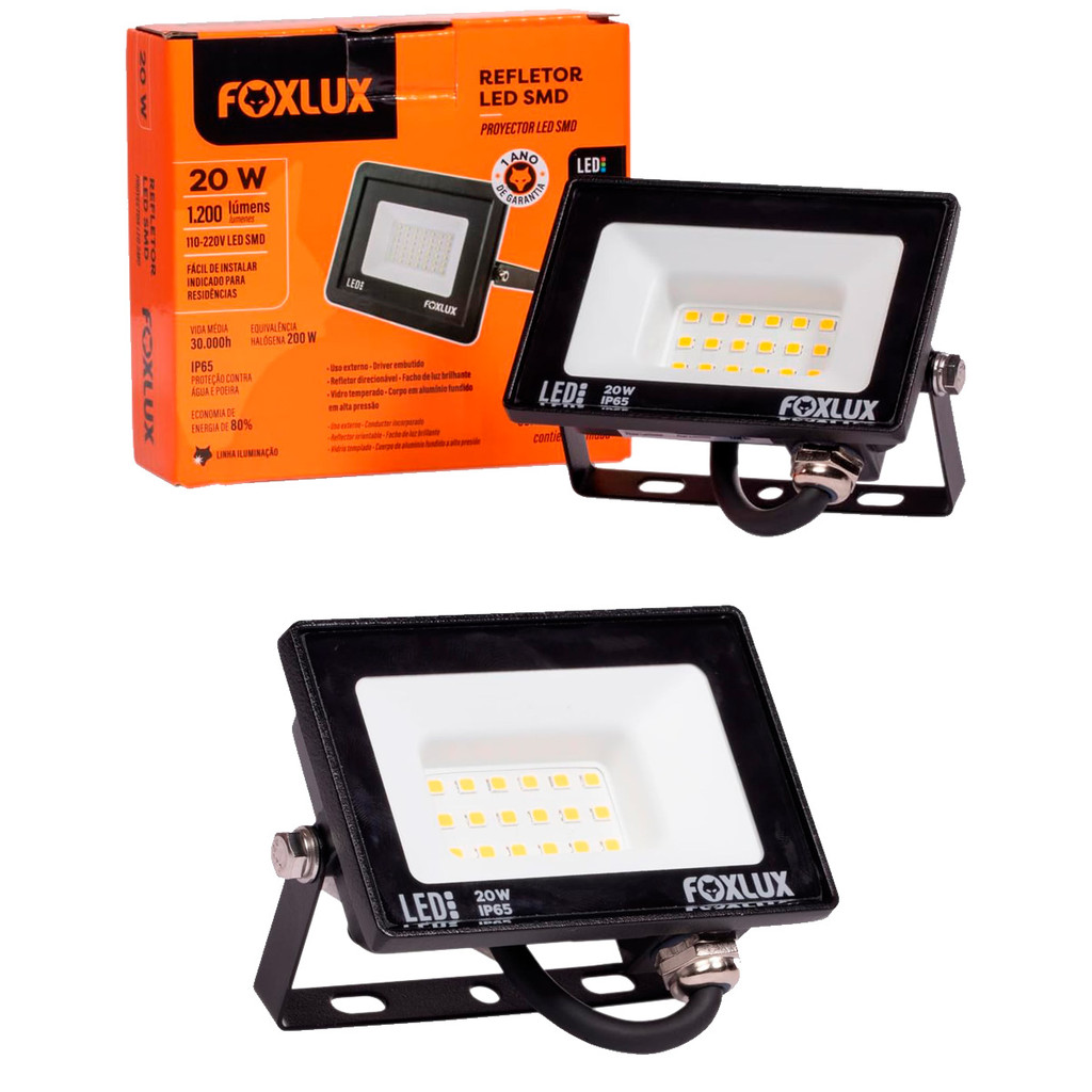 Kit 2 Refletor Led Foxlux 20W 3000K Preto Bivolt | luz quente aconchegante, baixo consumo