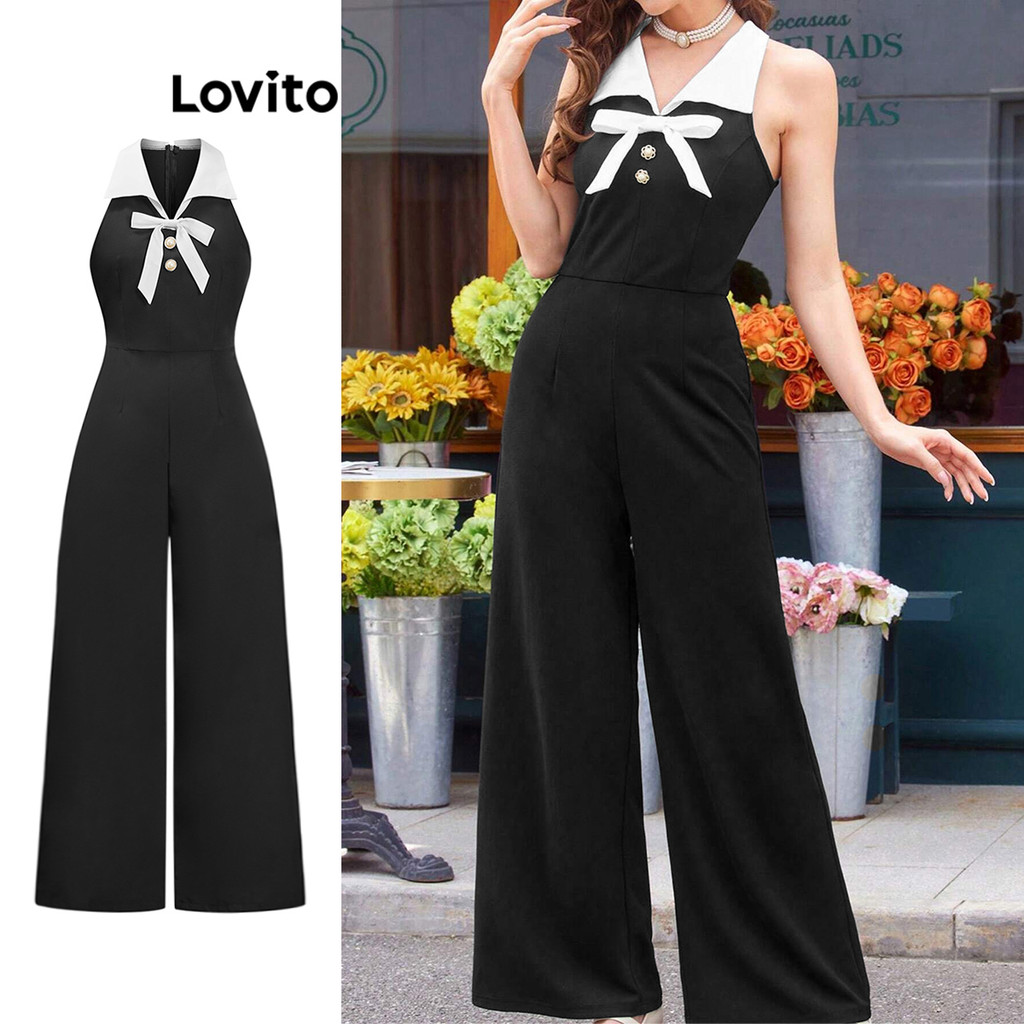 Lovito Macacão elegante com frente lisa e laço para mulheres L95ED301 - Women Clothes