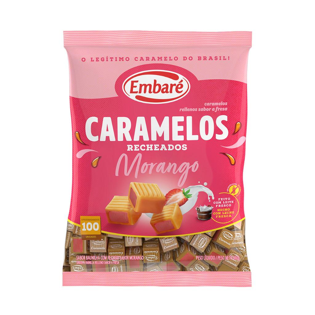 Caramelo de Leite com Recheio Sabor Morango Embaré – 660g em Oferta na Shopee