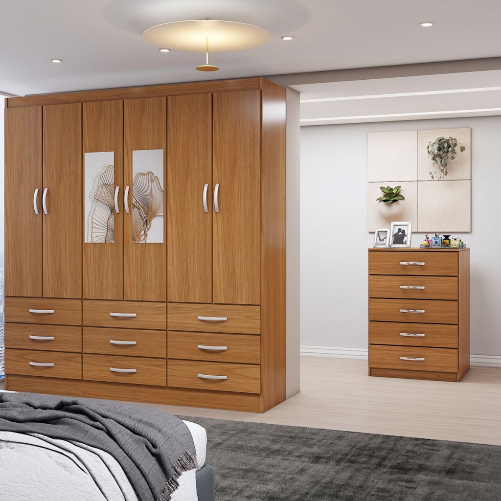 Guarda-Roupa Casal Vivian 6 Potas 9 Gavetas e Espelho com Cômoda 5 Gavetas Cinamomo - Panorama Móveis em Oferta na Shopee